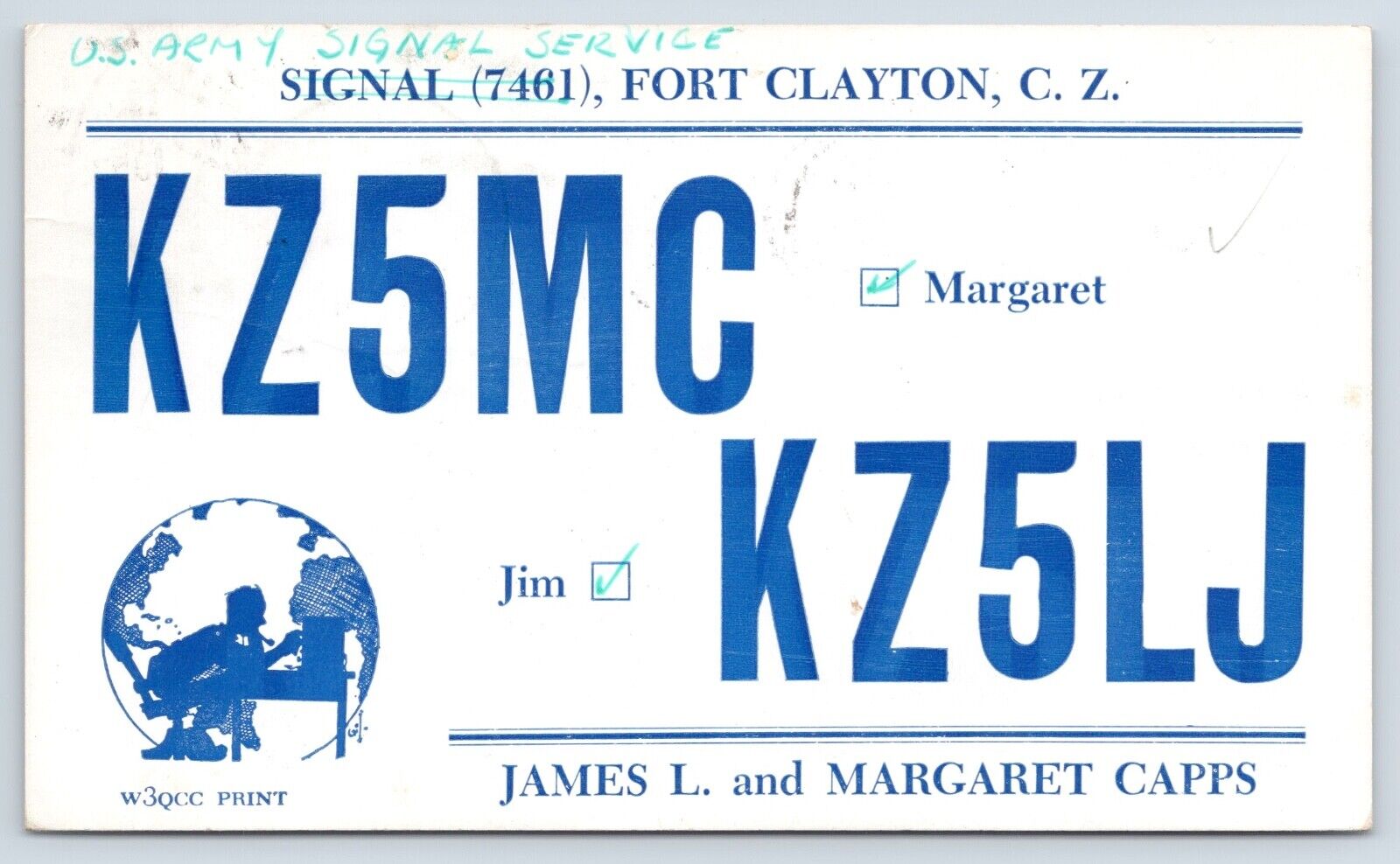 QSL CB Ham Radio KZ5MC Fort Clayton Canal Zone Panama US Army Signal Svc 1957
