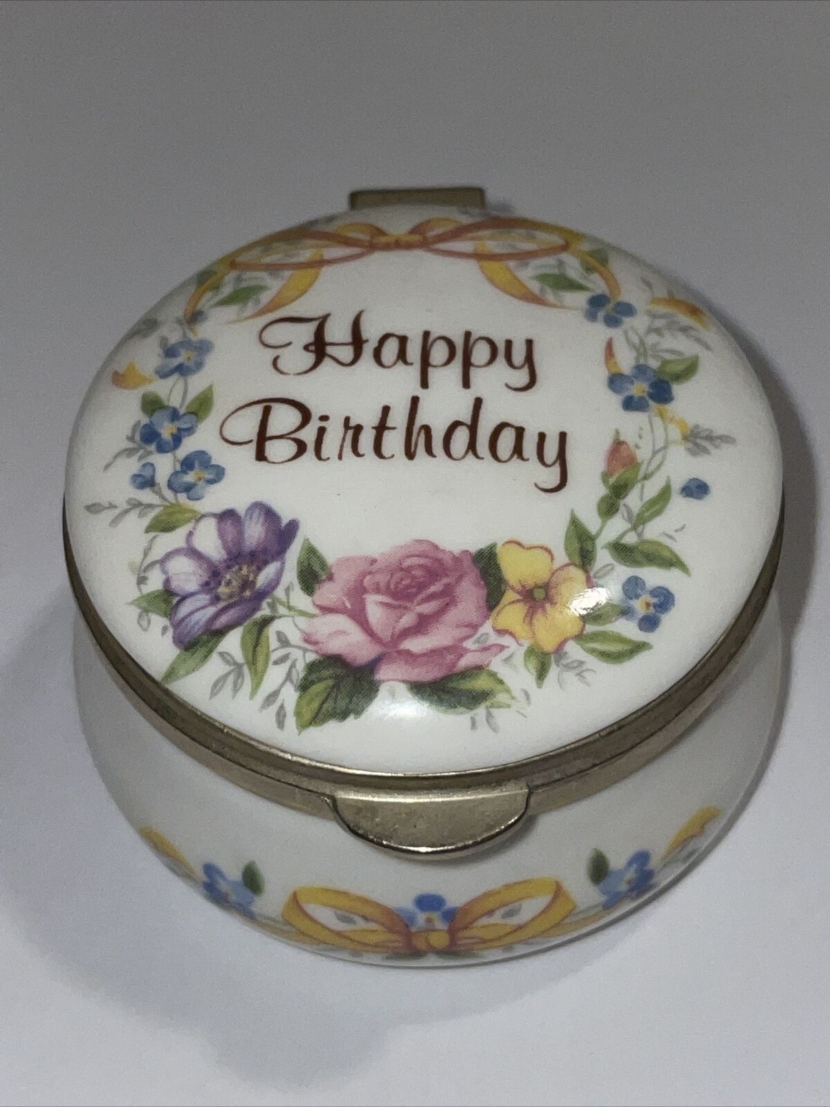 Eximious England Happy Birthday Ceramic Floral Trinket Jewelry Pill Box Vintage