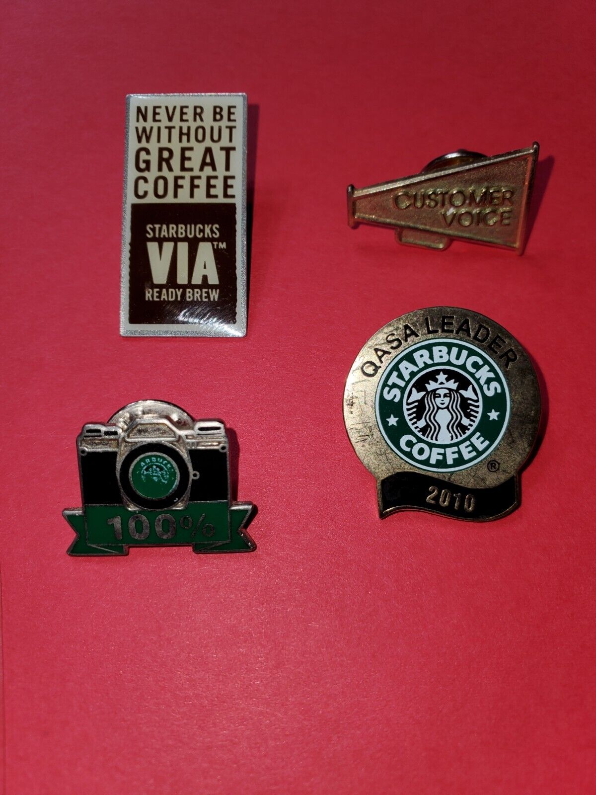 Lot of 4 Starbucks Coffee Company Employee Lapel Pins 2010 QASA Camera Mega Via