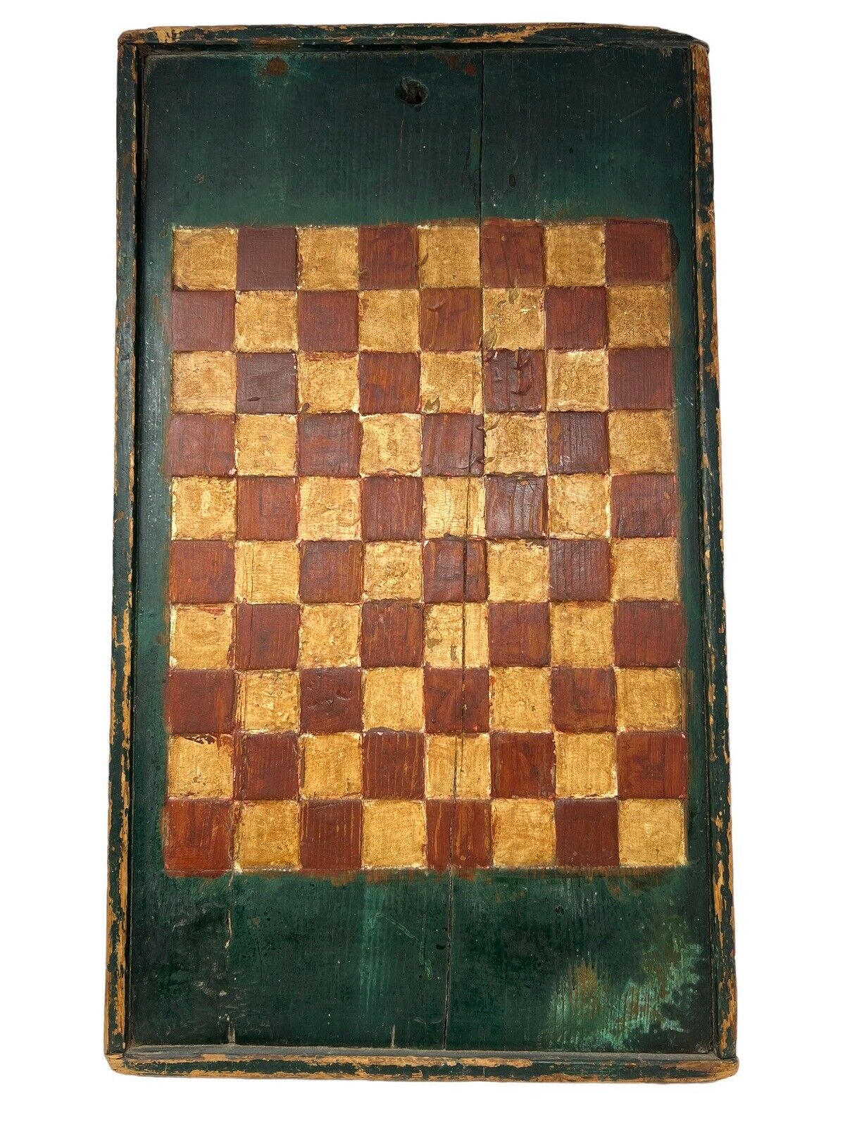 Large Antique 19th C. Old Green Painted Game Board Hand Carved Checkers 1800's