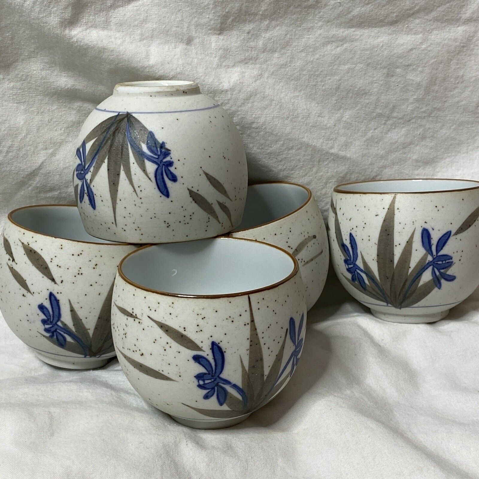 Tea Cups Arita Nishimine Uda Japan Porcelain 5 Blue Floral Green Leaves Signed