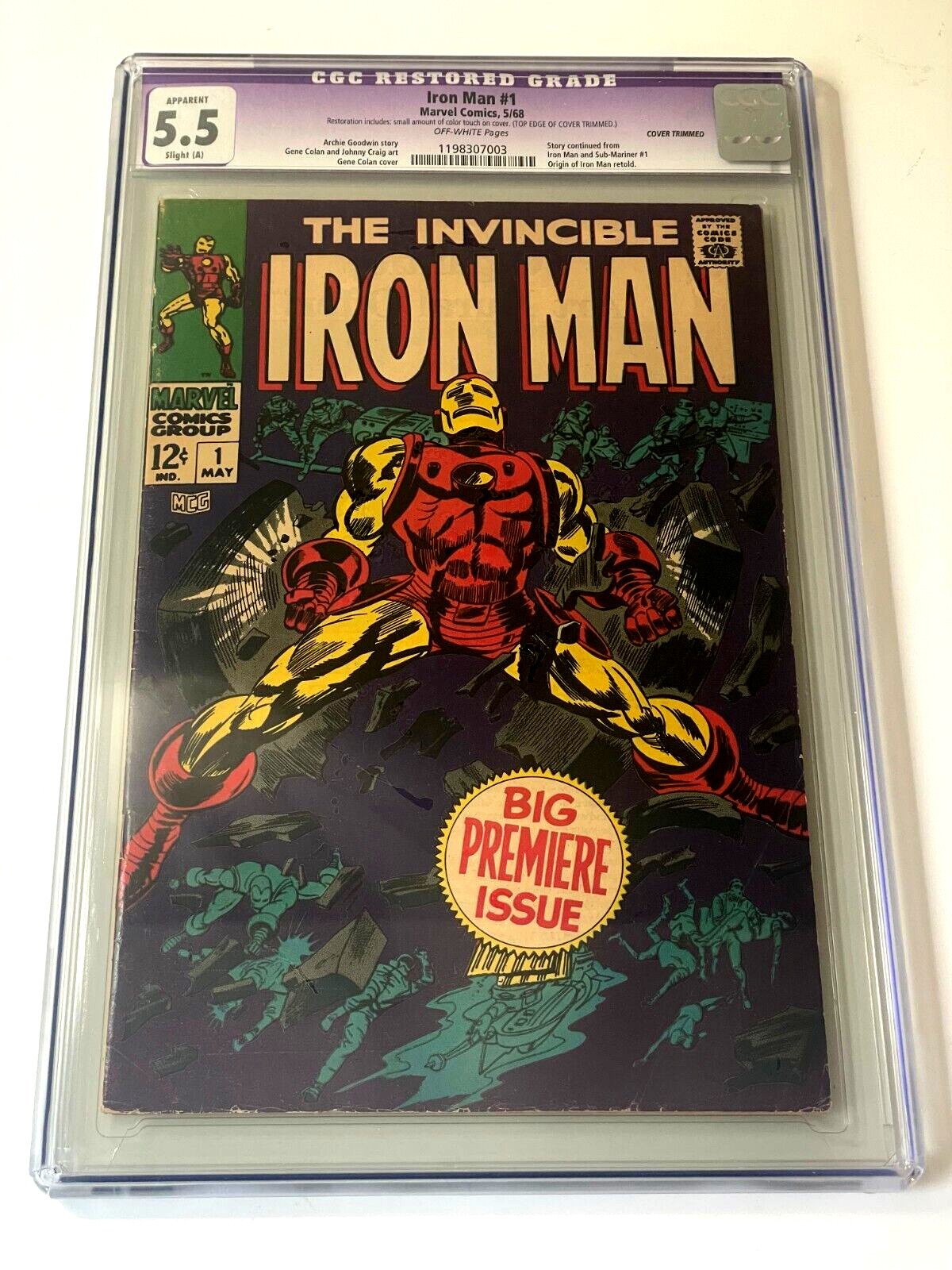 Iron Man #1 CGC 5.5 1968 Marvel Comic Book Slab Purple Label Restoration FN-