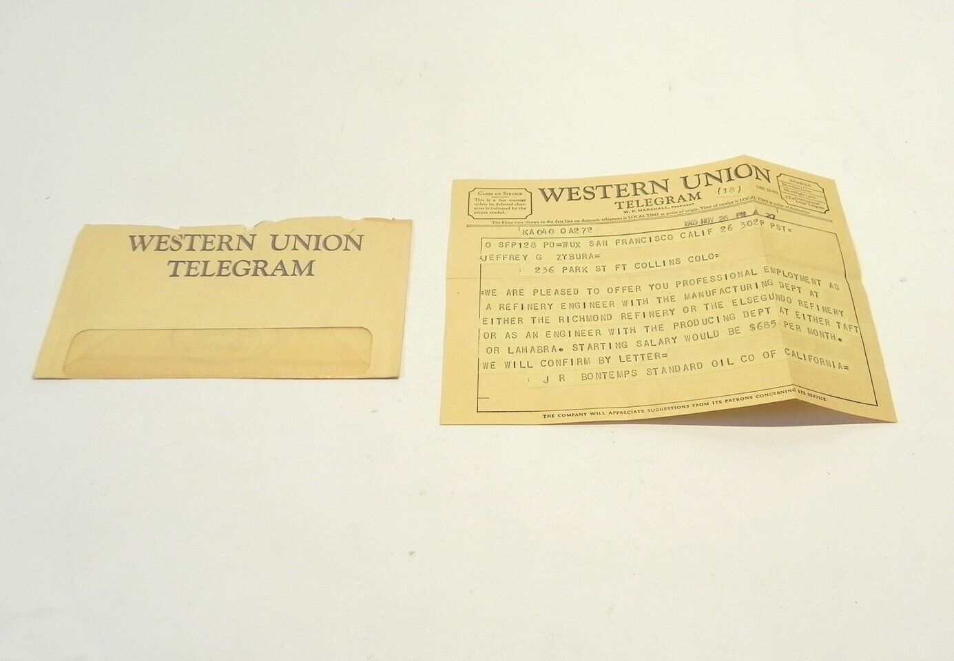 VINTAGE 1965 WESTERN UNION TELEGRAM RECRUITING REFINERY ENGINNER PRE-OWNED 