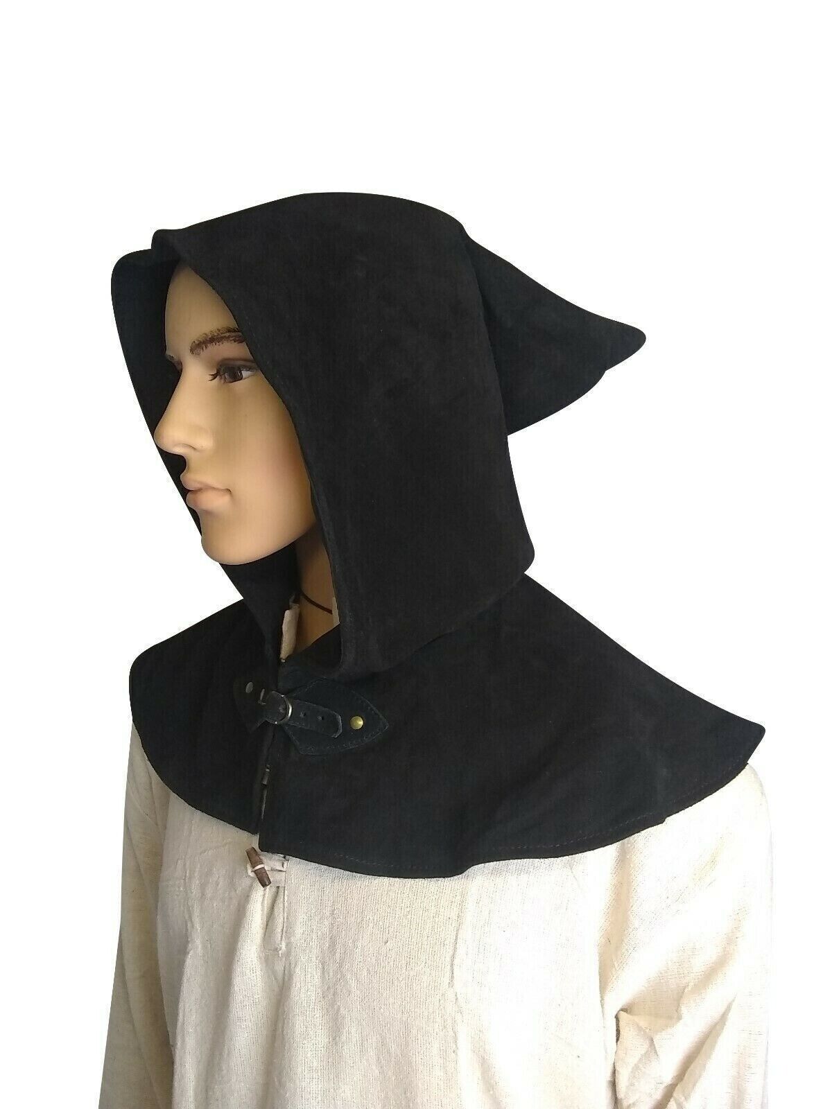 LARP Black Leather Hood Cowl Medieval Fancy Dress Cosplay