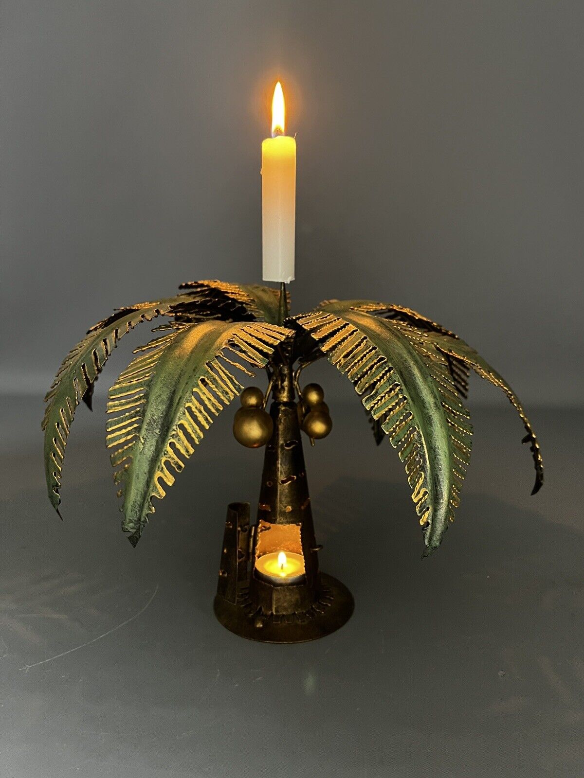 Vintage Pierced Metal Palm Tree Candle Holder Green Gold Brown