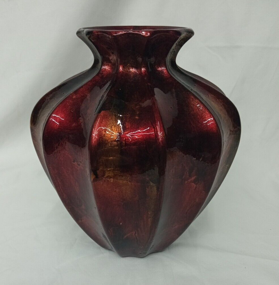 Red & Gold On Black Glazed Fluted Vase - 10.5\