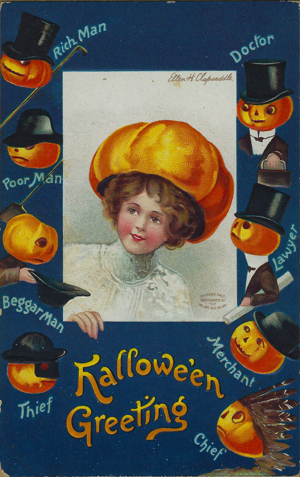 Clapsaddle Halloween Pumpkin Hat Woman 8 Anthro JOLs A/S Antique Emb PC Vtg 1911