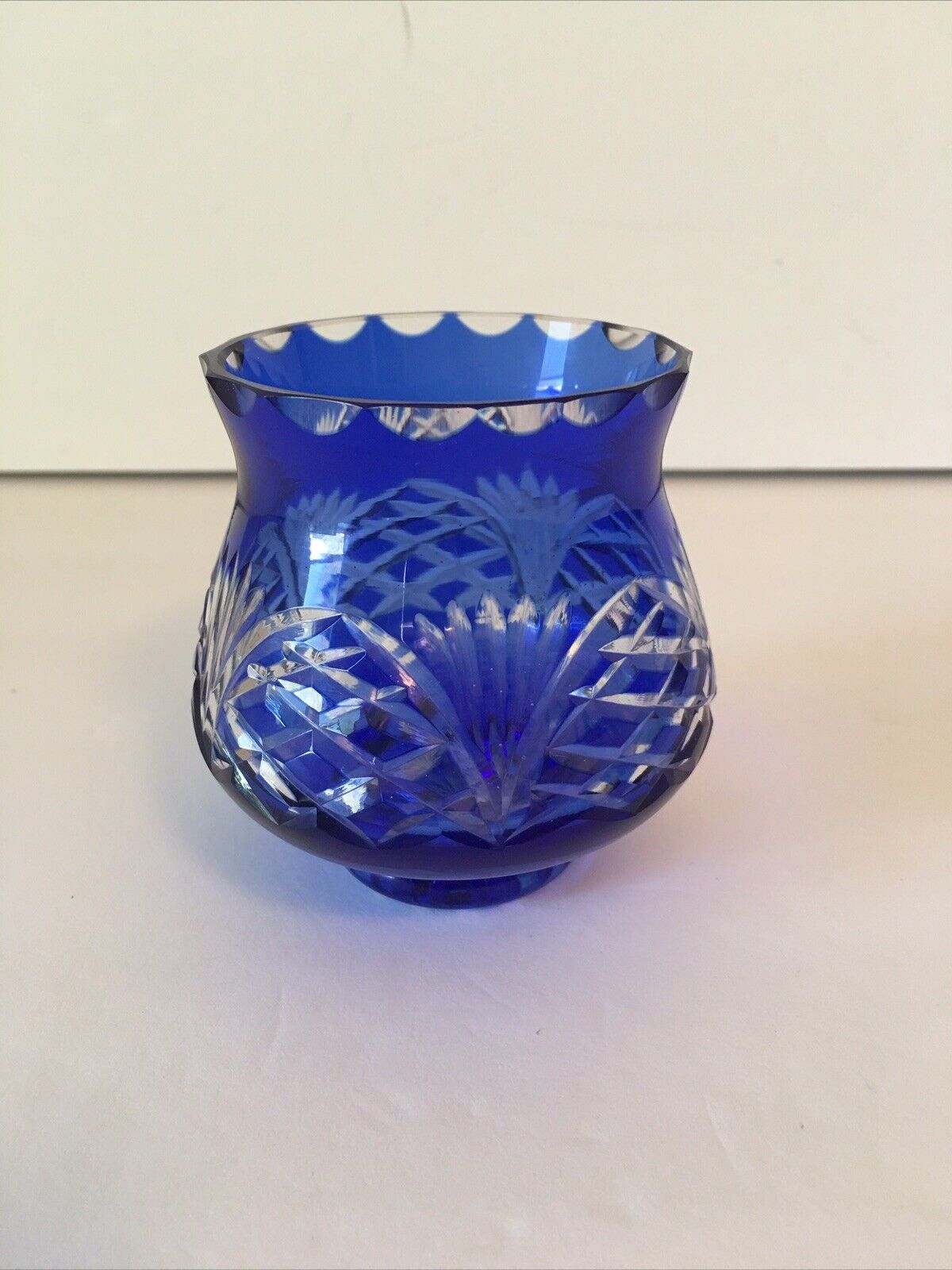 Vintage Cobalt Blue Cut To Clear Crystal Votive Candle Holder 3”x 3.5”