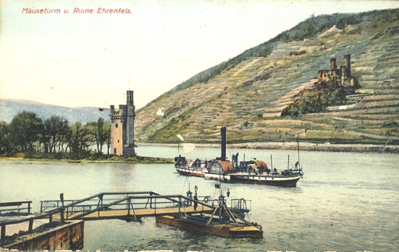 Mauseturm u Ruine Ehrenfels Castle Germany Boats c1913 Postcard