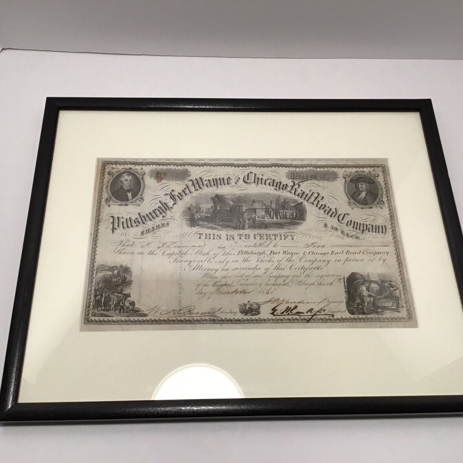 Stock Certificate 1861 Pittsburgh Fort Wayne and Chicago Railroad Framed 14X11.