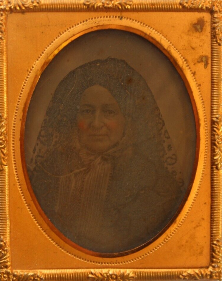 Antique 1/9th Plate Daguerreotype Tinted Photo of a Lady  Lace Coif Bonnet 1850s