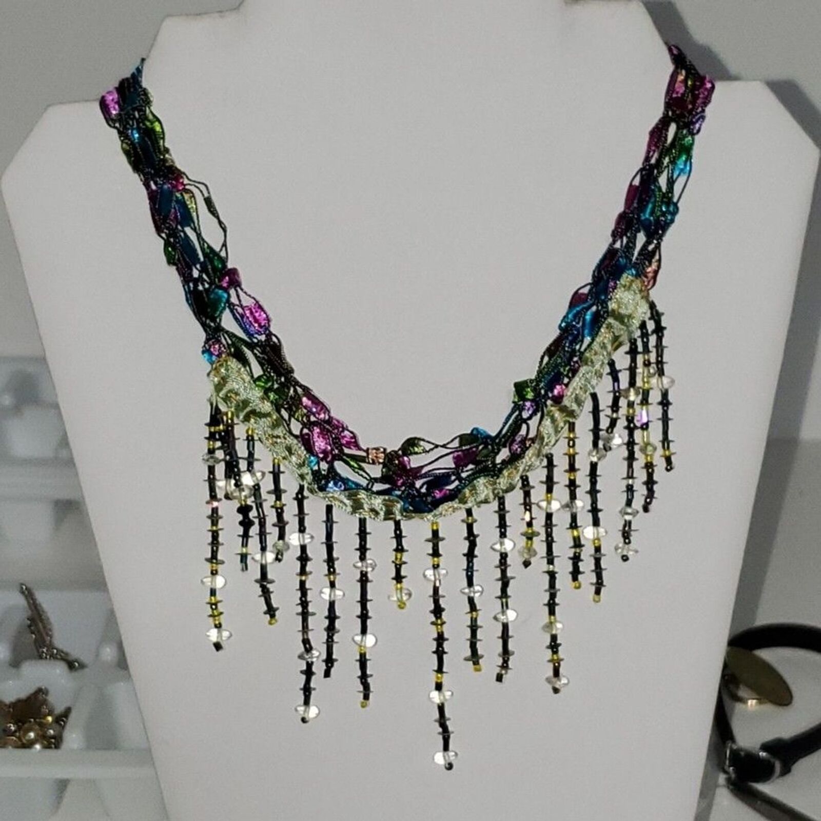 Artisan Boho Gypsy Handmade Beaded Collar Necklace Rainbow Colored Unique