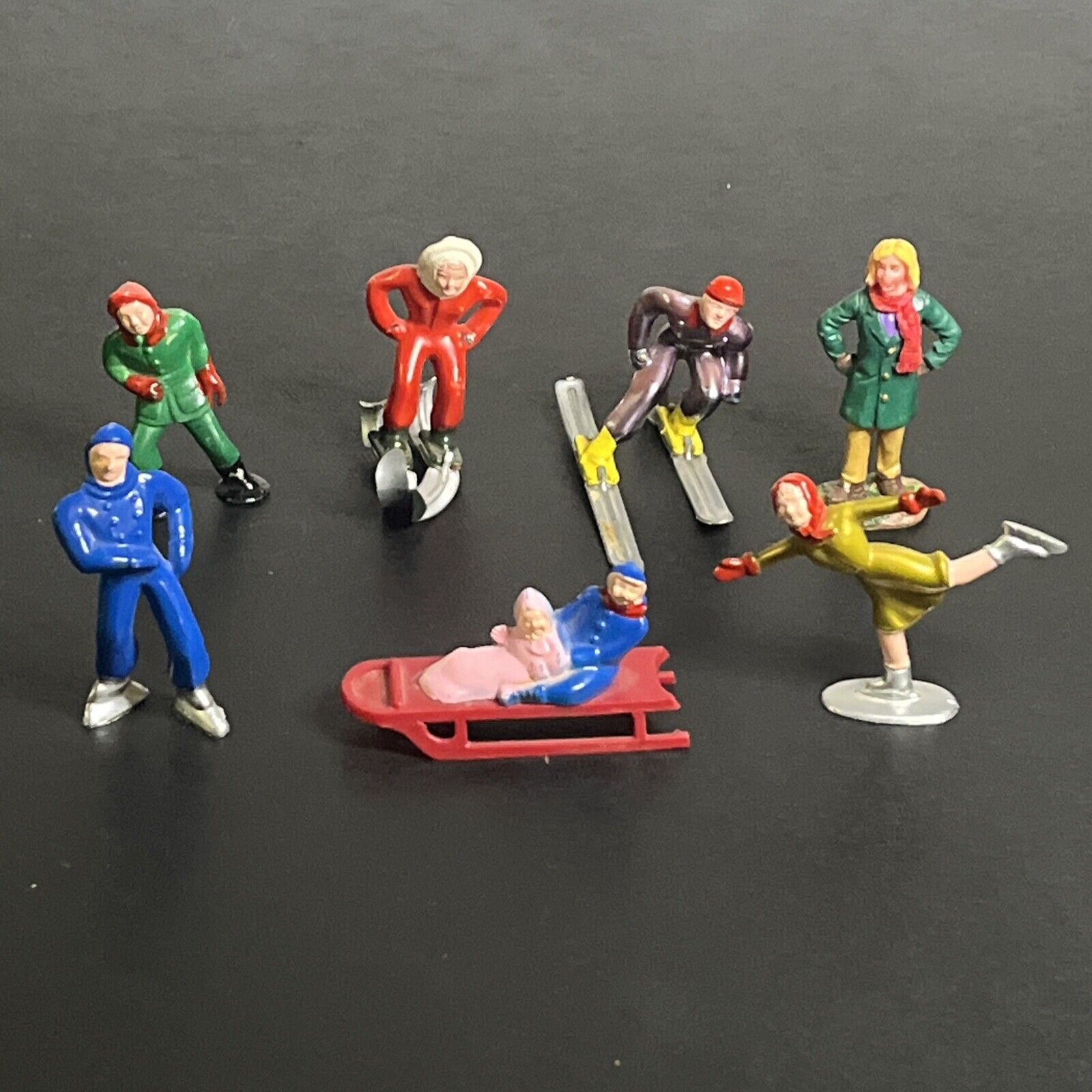 Vintage 1950’s? Skiing Ice-Skating Figurines LOT OF 7 Fowind Made In Hong Kong