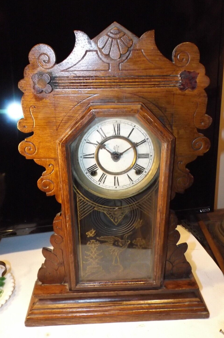 Antique Waterbury Eastlake Oak 8Day Parlor Clock 1889 RUNS For AS-IS Restoration