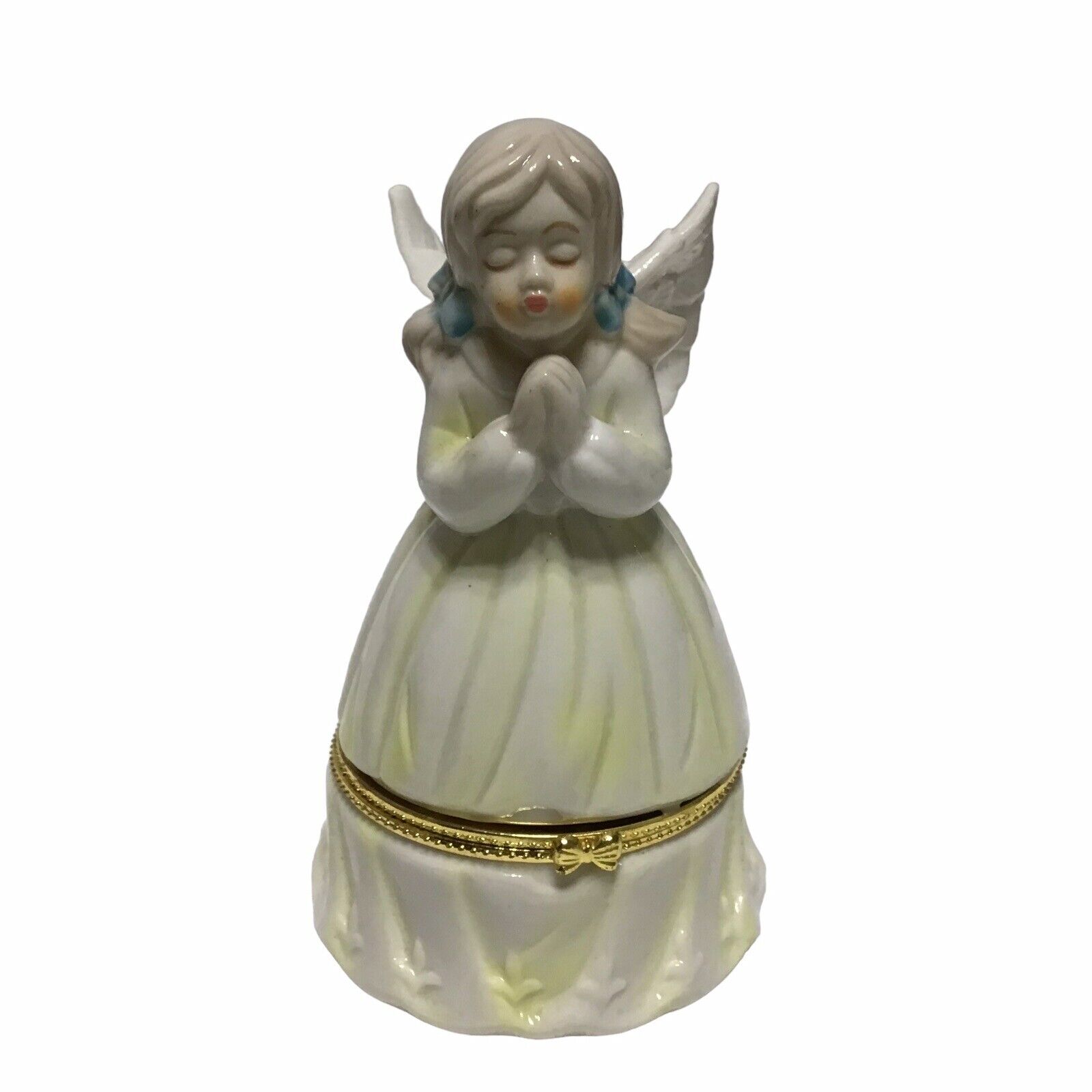 VINTAGE Praying Angel Trinket Box Greenbriar Int\'l White Yellow Pigtails