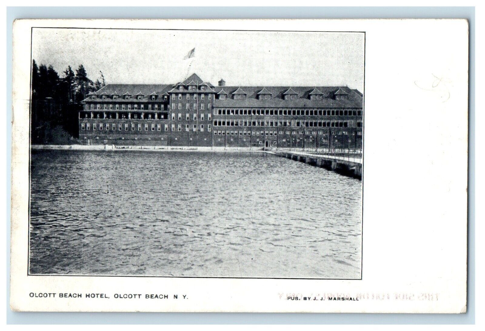 1906 Olcott Beach Hotel Building Lake Front Bridge New York NY Antique Postcard