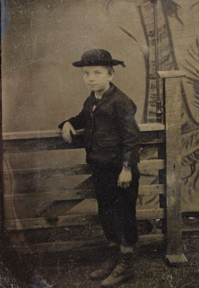 C.1880s Tintype Adorable Boy Child Propped Against Fence Painted Backdrop T73