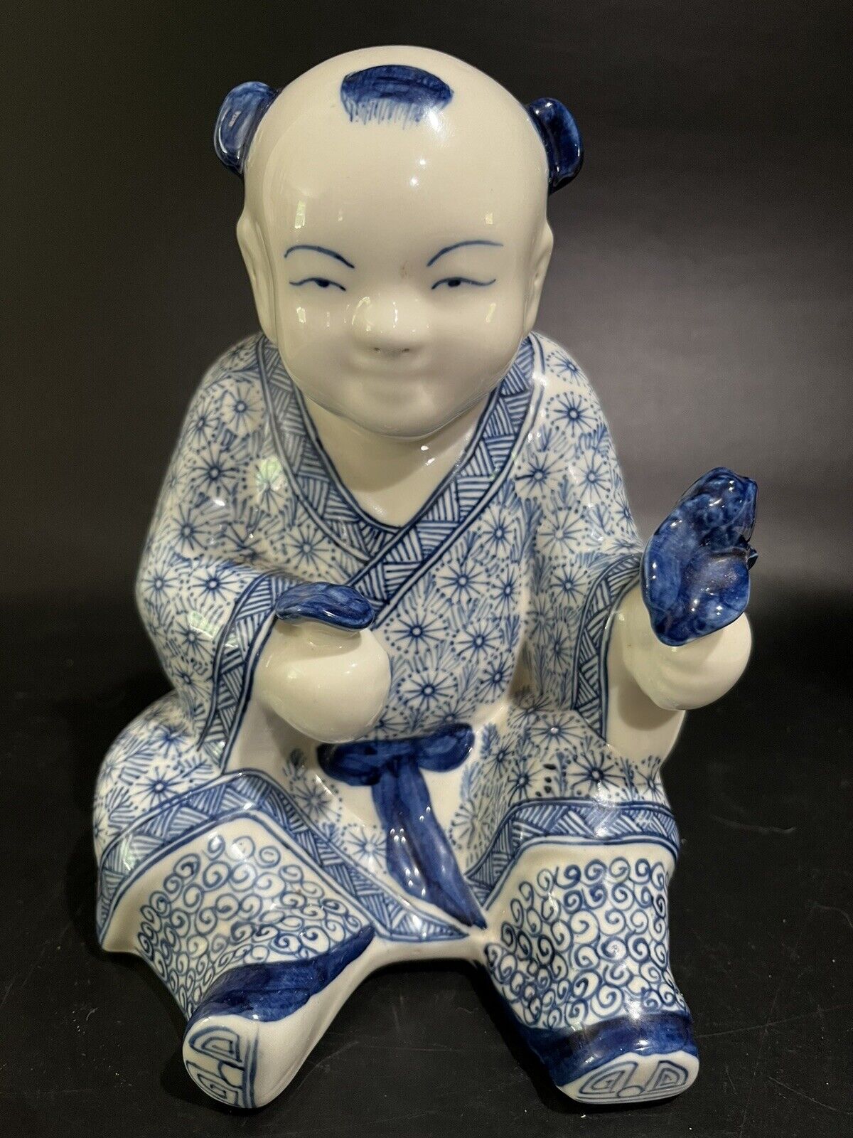Vintage Oriental Boy Buddha Style Asian Porcelain Blue White Holding Flower