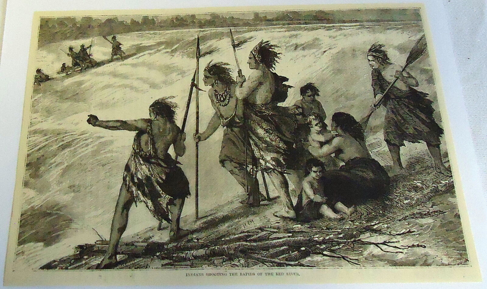 1883 magazine engraving ~ INDIANS SHOOTING THE RAPIDS OF THE RED RIVER 