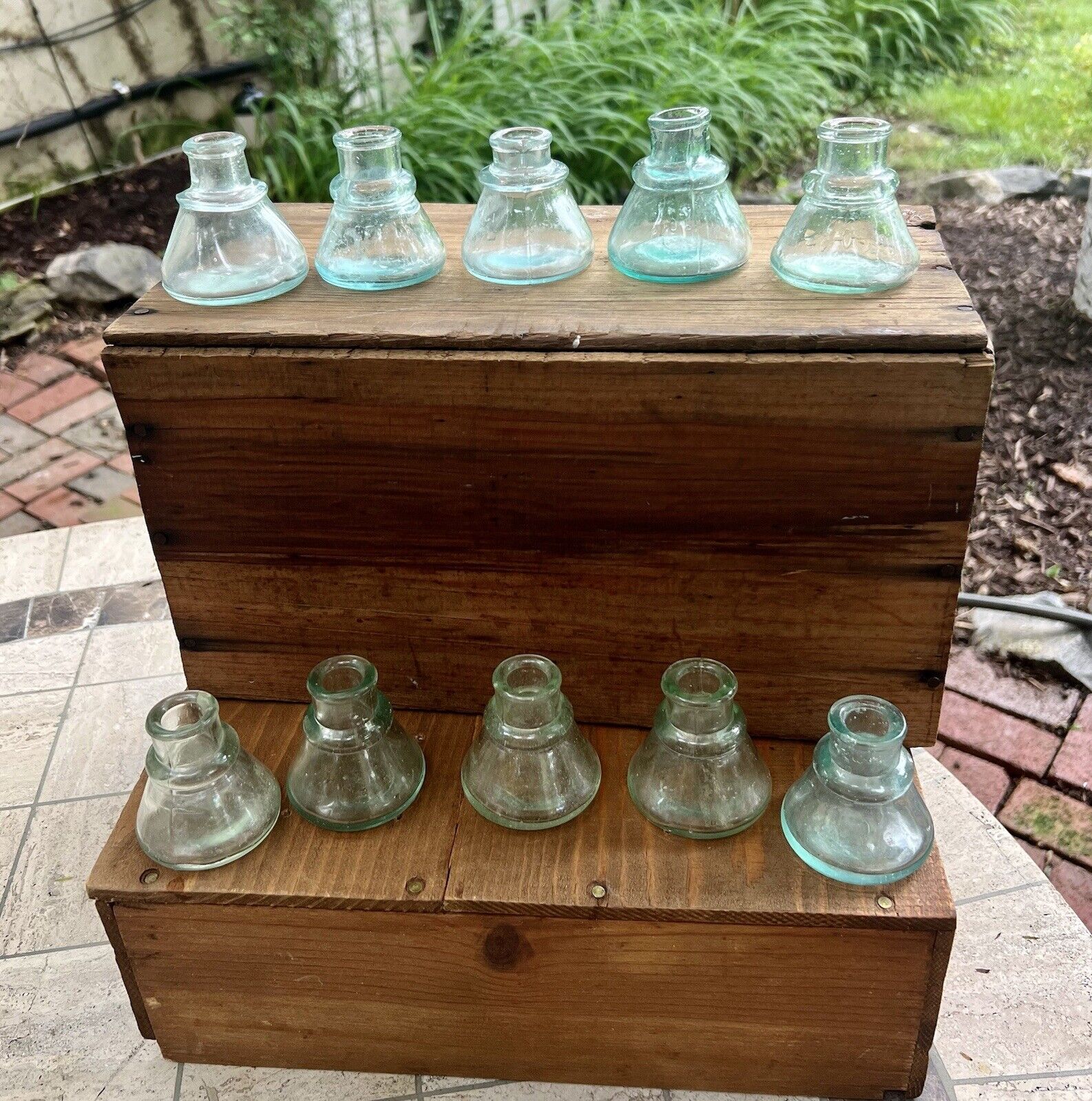 10 Late 1800’s Cone Ink Bottles, Blue, Apple and Aqua Colors
