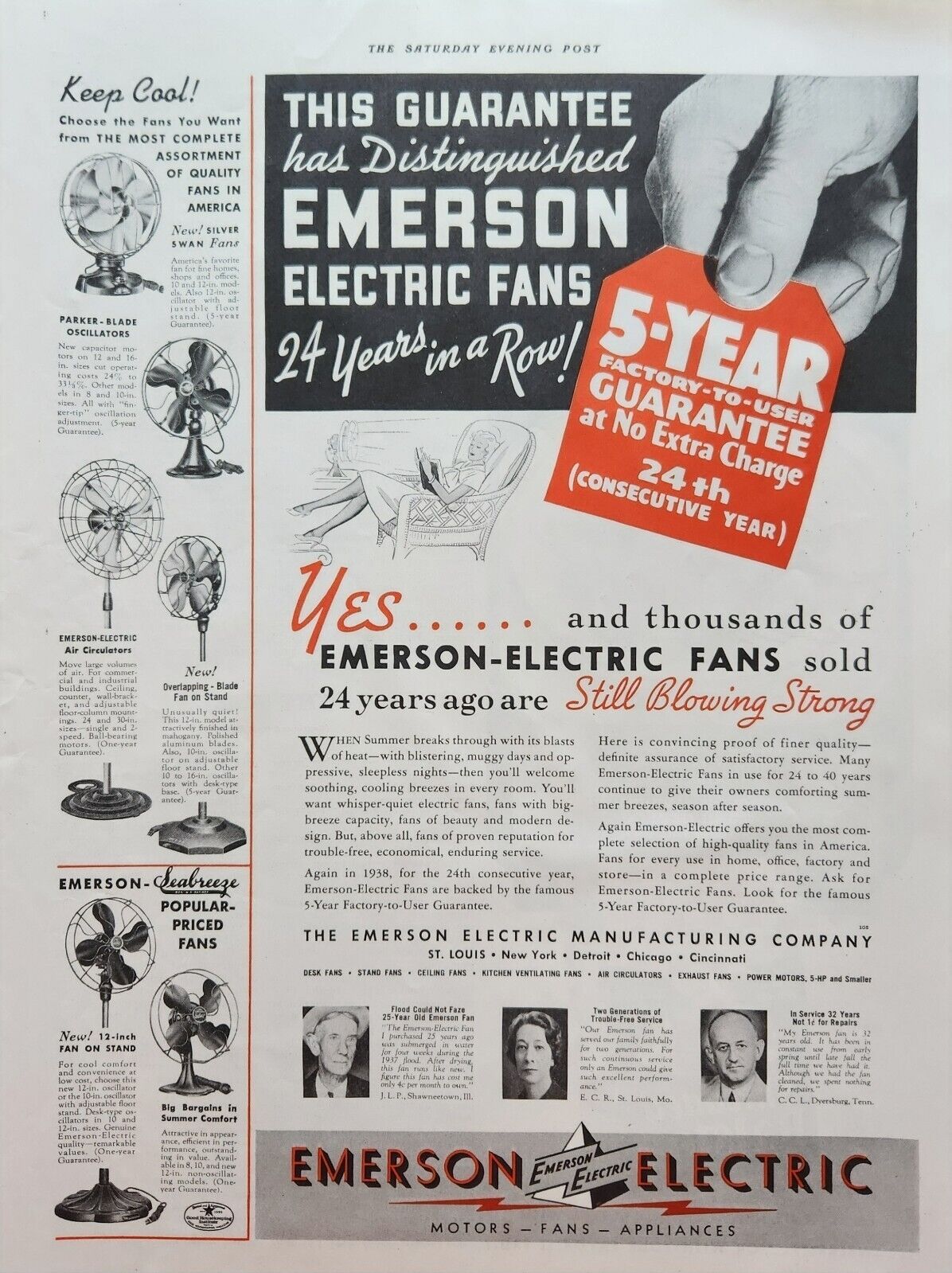 1938 Emerson Electric Vintage Ad Electric fans still blowing strong