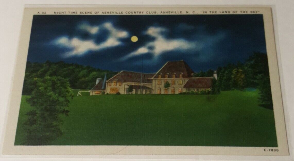 Vintage 1930s postcard night-time scene Asheville Country Club Clubhouse NC 