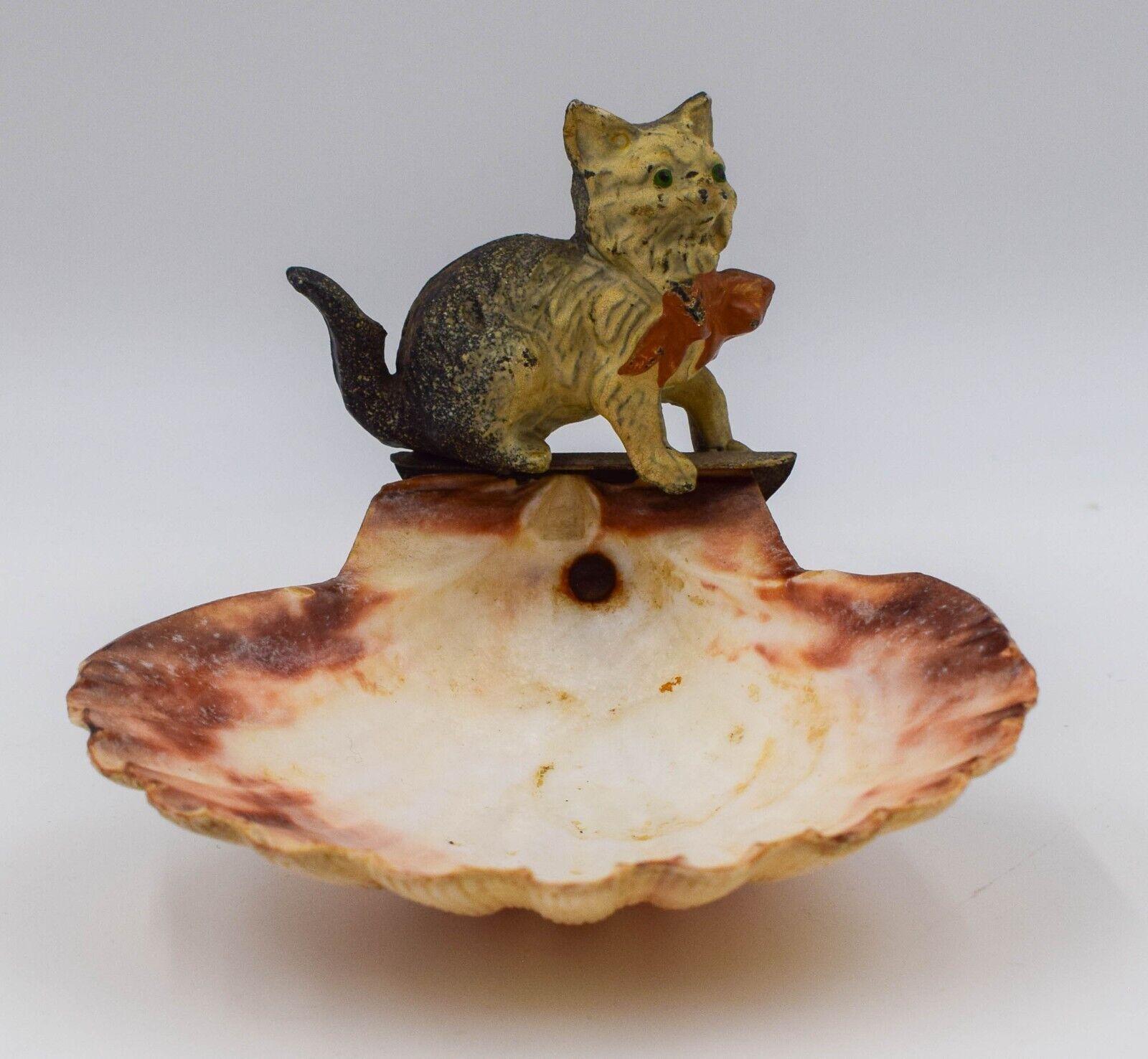 Austrian Cold Painted Bronze Cat with Oyster Shell Dish, Circa 1925