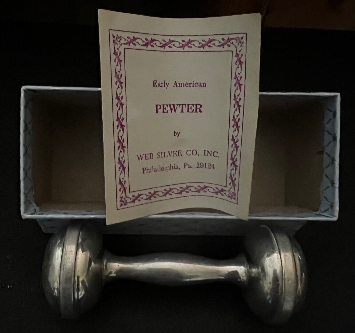 Vtg Web Silver Colonial Design Pewter Dumbbell Baby Rattle in Box w/ Leaflet EUC