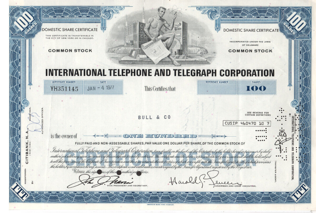 International Telephone-Telegraph - Original Stock Certificate - 1977 - YH351145