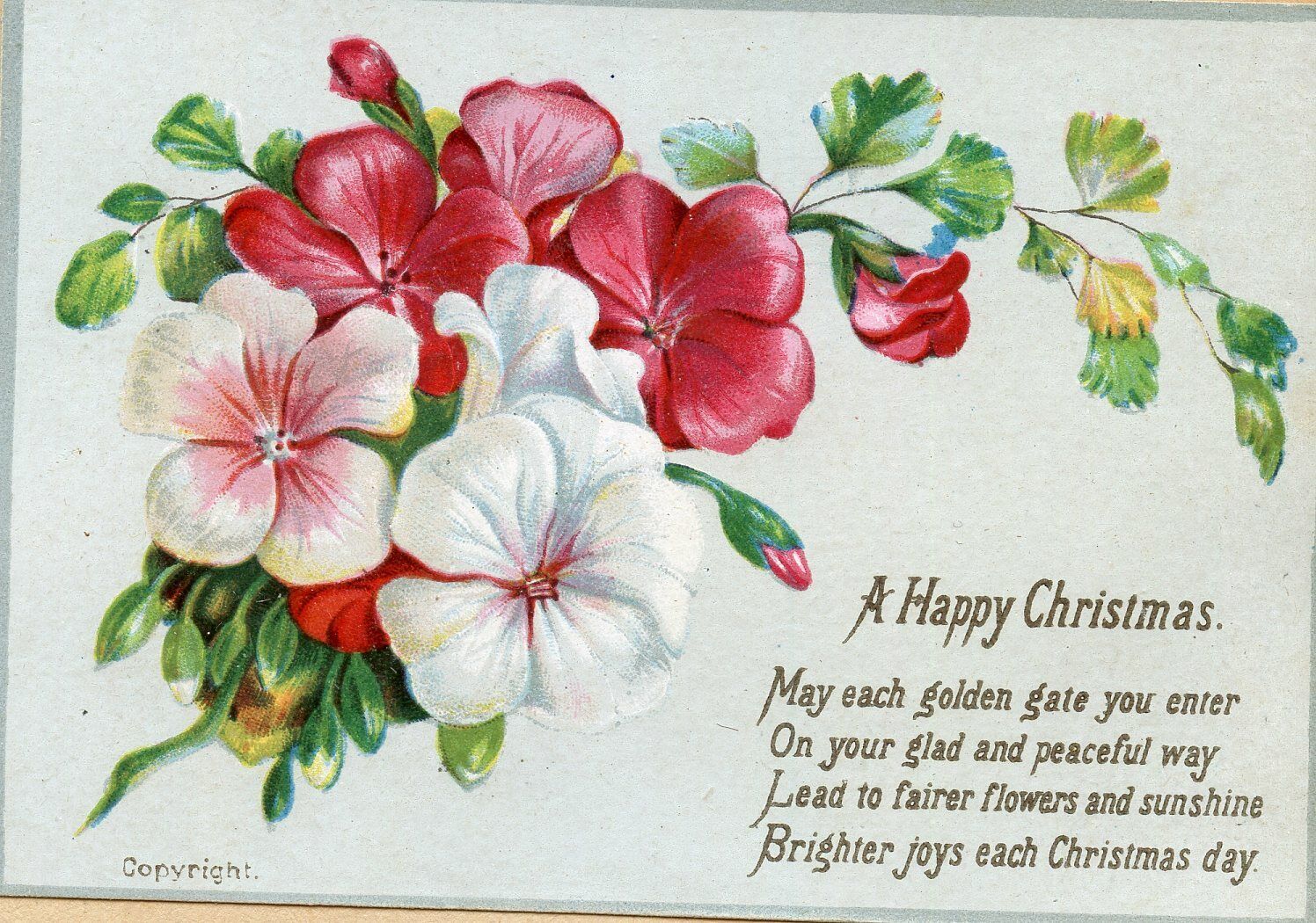 Original Victorian Christmas Card on album page  flowers 1882  xmas