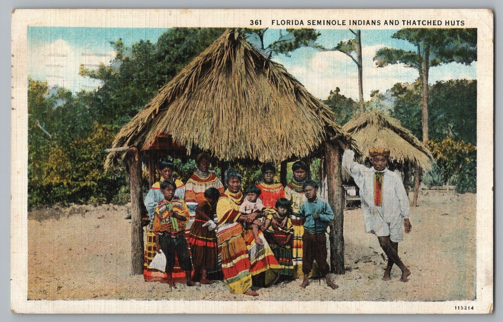 Seminole Indians Thatched Huts Saint Augustine Florida Linen Postcard