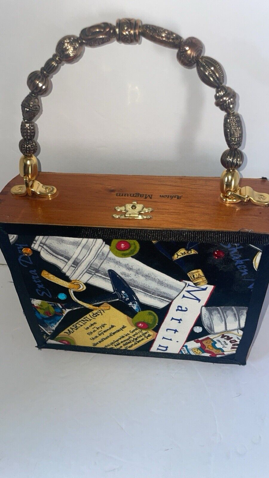 Vintage Ashton Magnum Cigar Box Purse Beaded Martini Themed Fabric