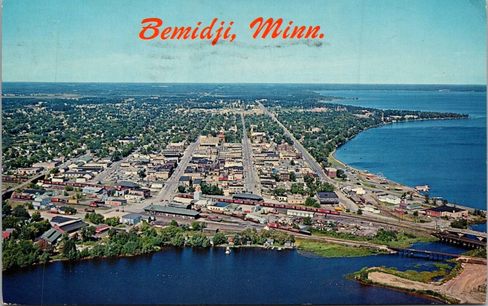 Bemidji, Minnesota Aerial View Postcard Home of Paul Bunyan & Babe 1970 Postmark