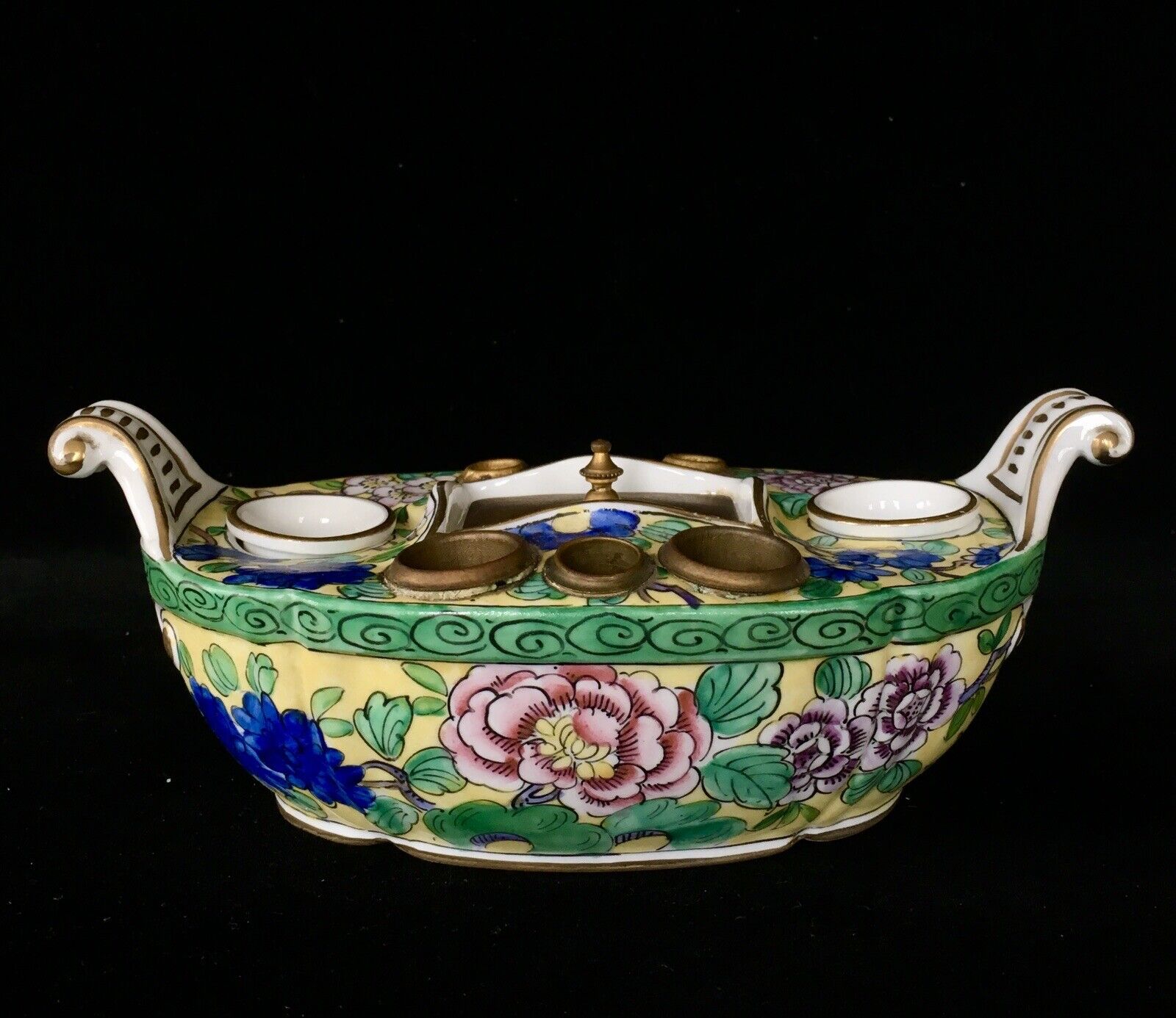 Antique French Faience Aladin France Hand Painted Inkwell Rare Shape