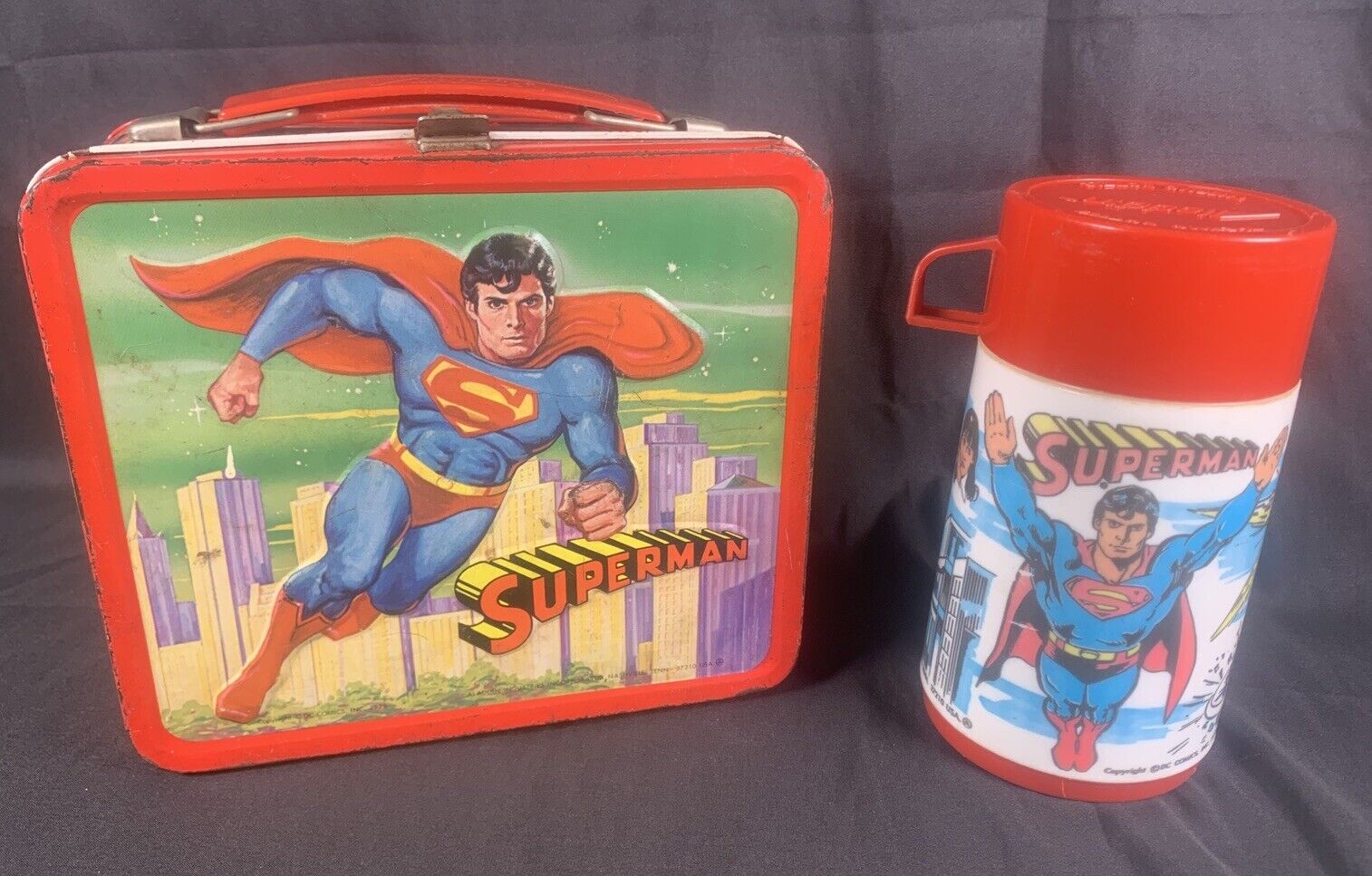 ✨SUPERMAN Vintage 1978 Metal Tin Embossed DC Comics Lunch Box Thermos Aladdin