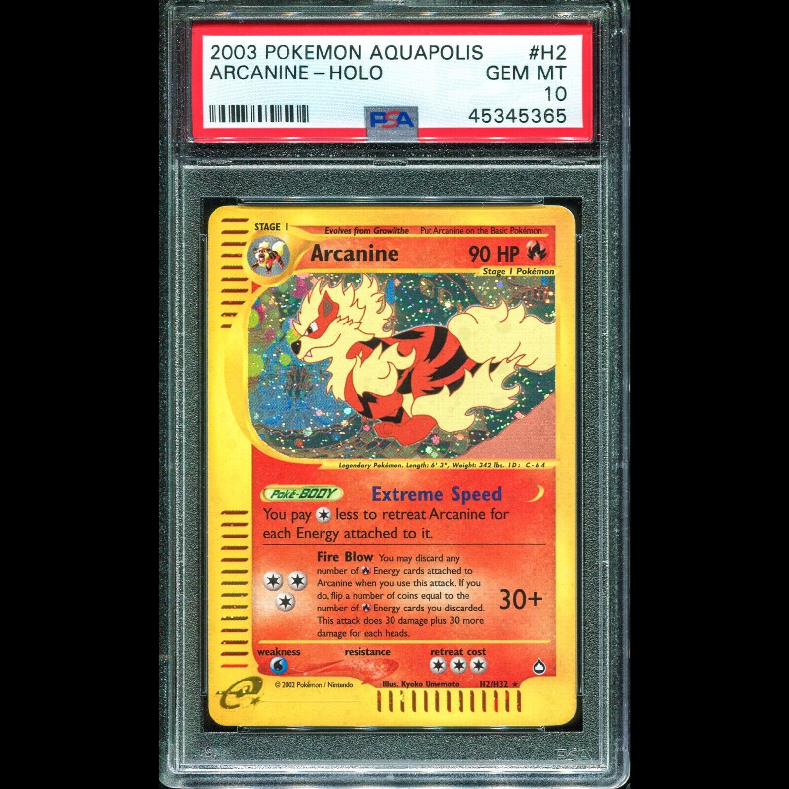 PSA 10 Arcanine Holo Aquapolis H2/H32 WOTC Rare Pokemon Card - POP 73