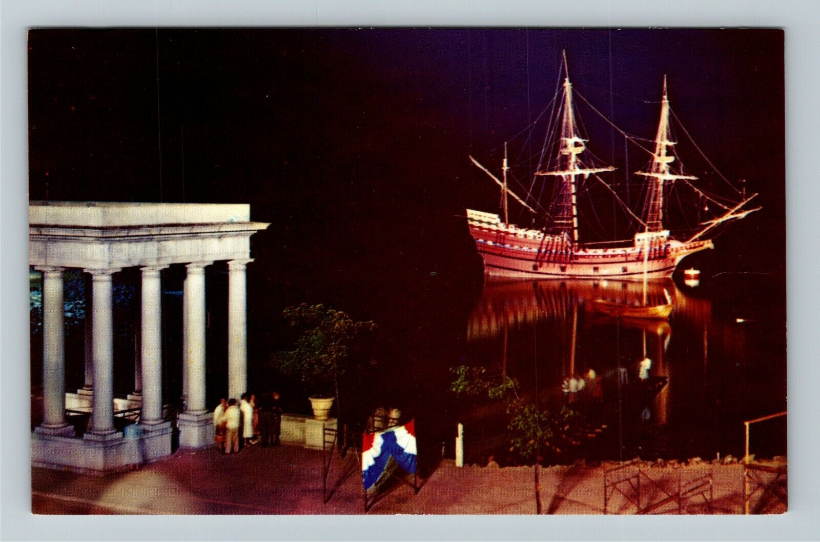 Mayflower II In Plymouth Harbor Night Vintage Souvenir Postcard