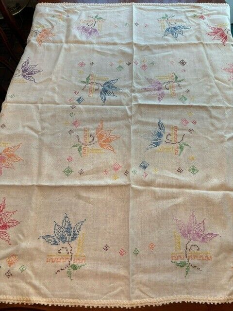 Vintage Cotton / Linen Floral Cross Stitched  Tablecloth  47.5\