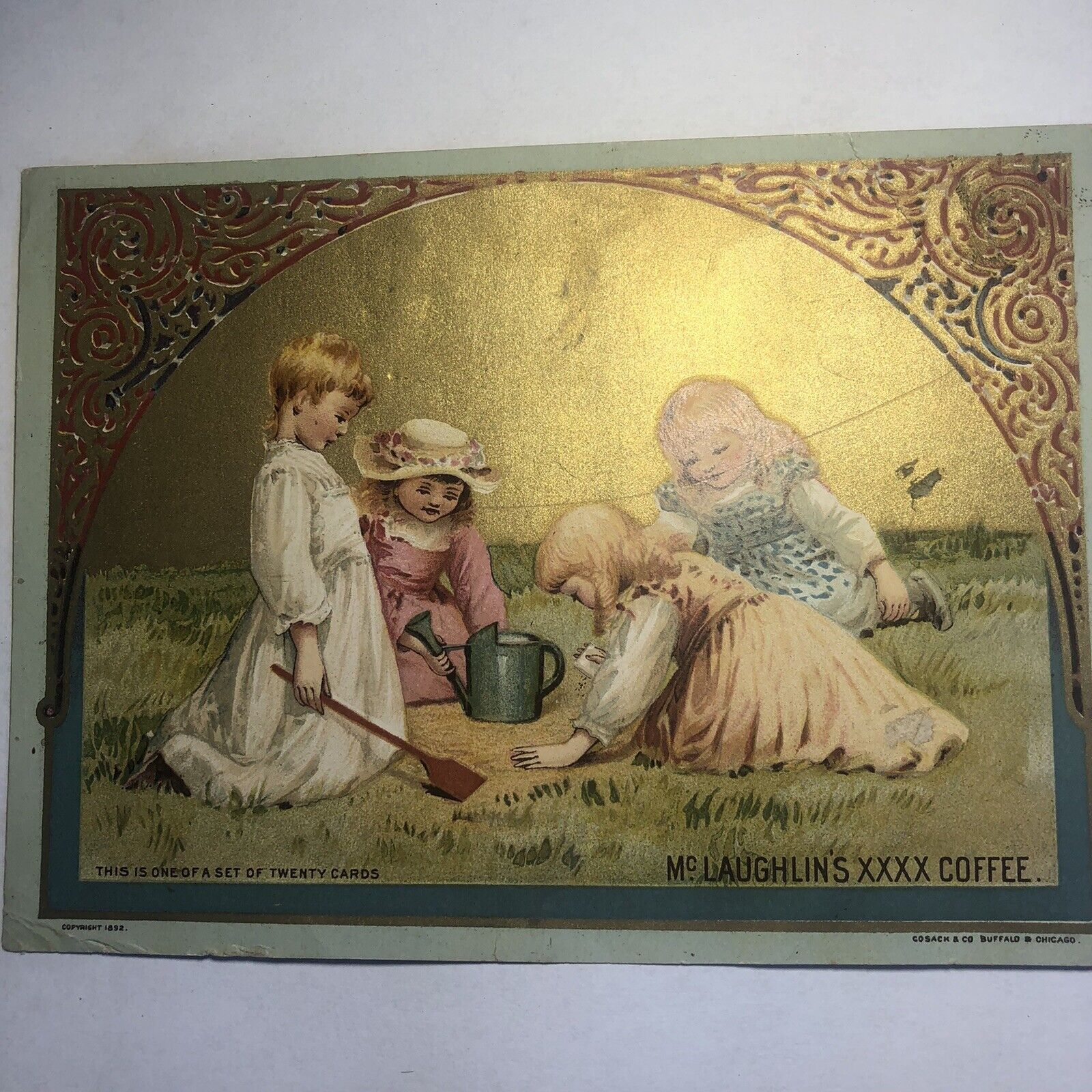 1890s McLaughlin\'s XXXX Coffee Large Trade Card Children in the Sand