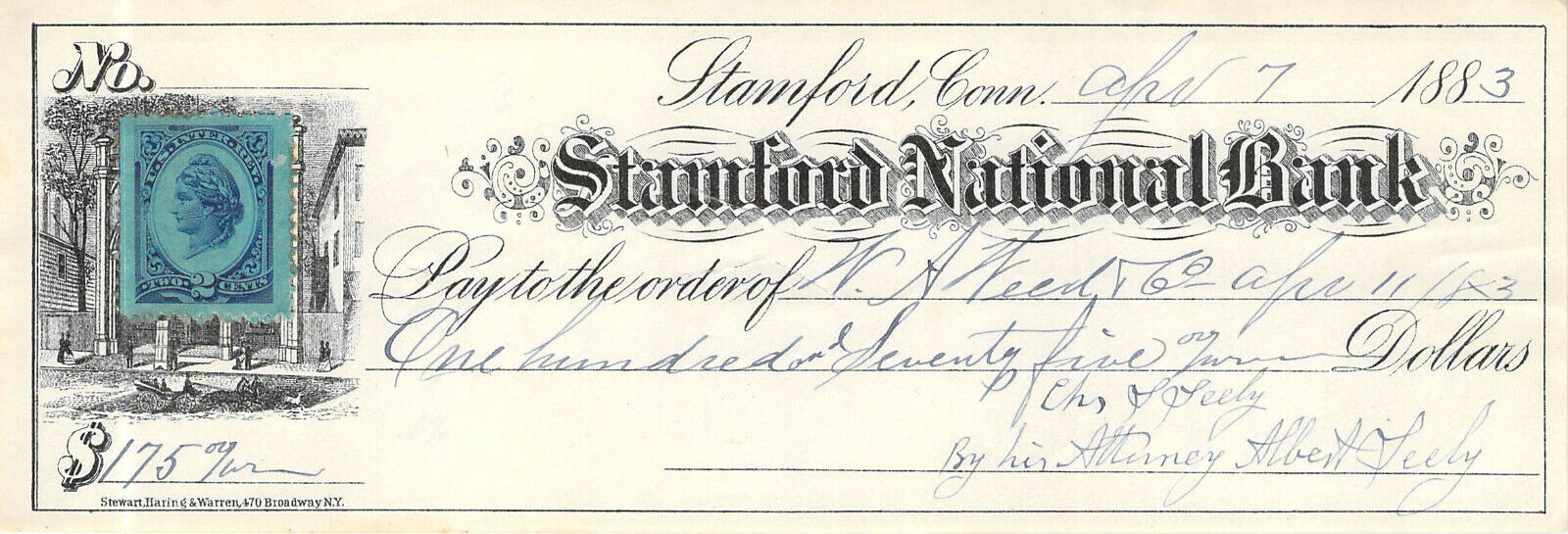 1883 W A WEED STAMFORD CONNECTICUT BANK REVENUE STAMP