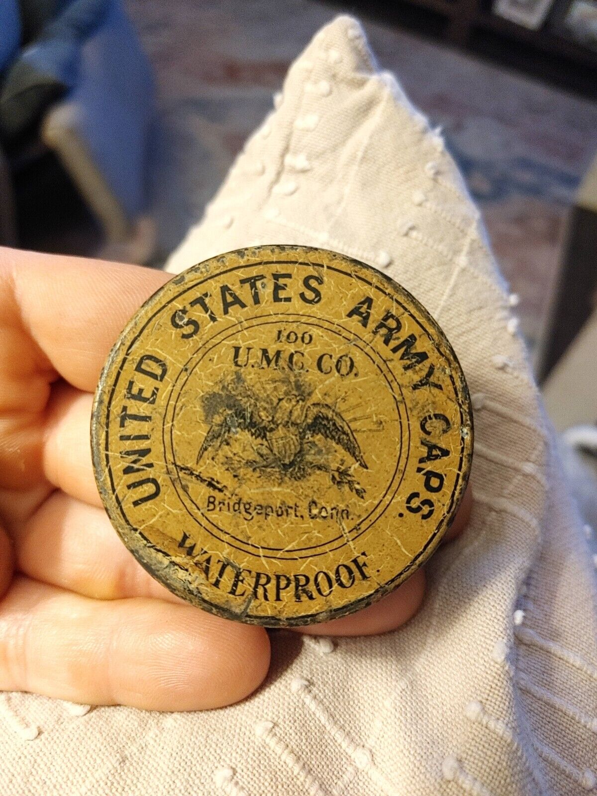Very Early Antique United States Army Caps Litho Tin Can