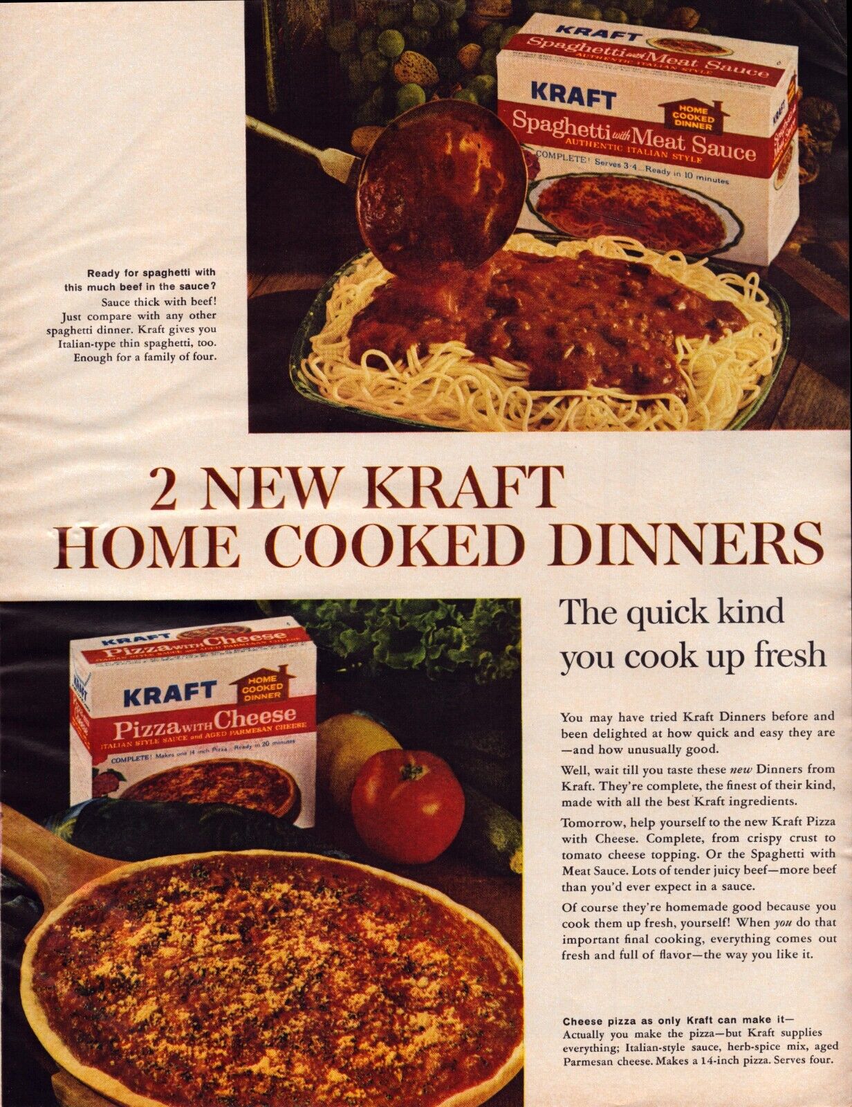 Kraft 2 New Home Cooked Dinner Kits Spaghetti Pizza Vintage Print Ad 1963