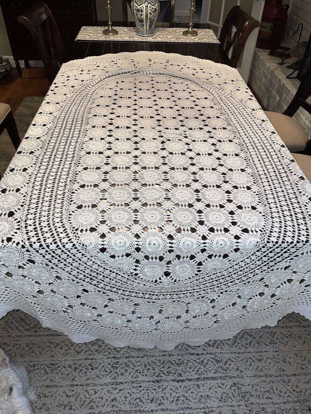 Stunning Oval Shaped CROCHET White TABLECLOTH 60” X 90”