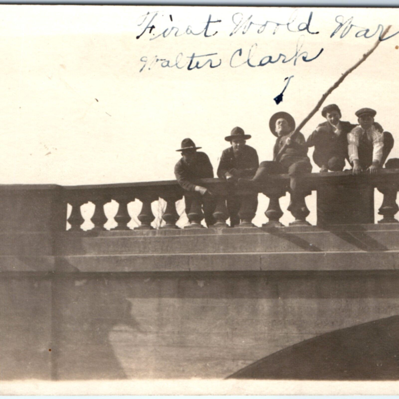WWI c1910s Army Men on Bridge RPPC Play Fishing Boys USMC Soldiers Photo A134