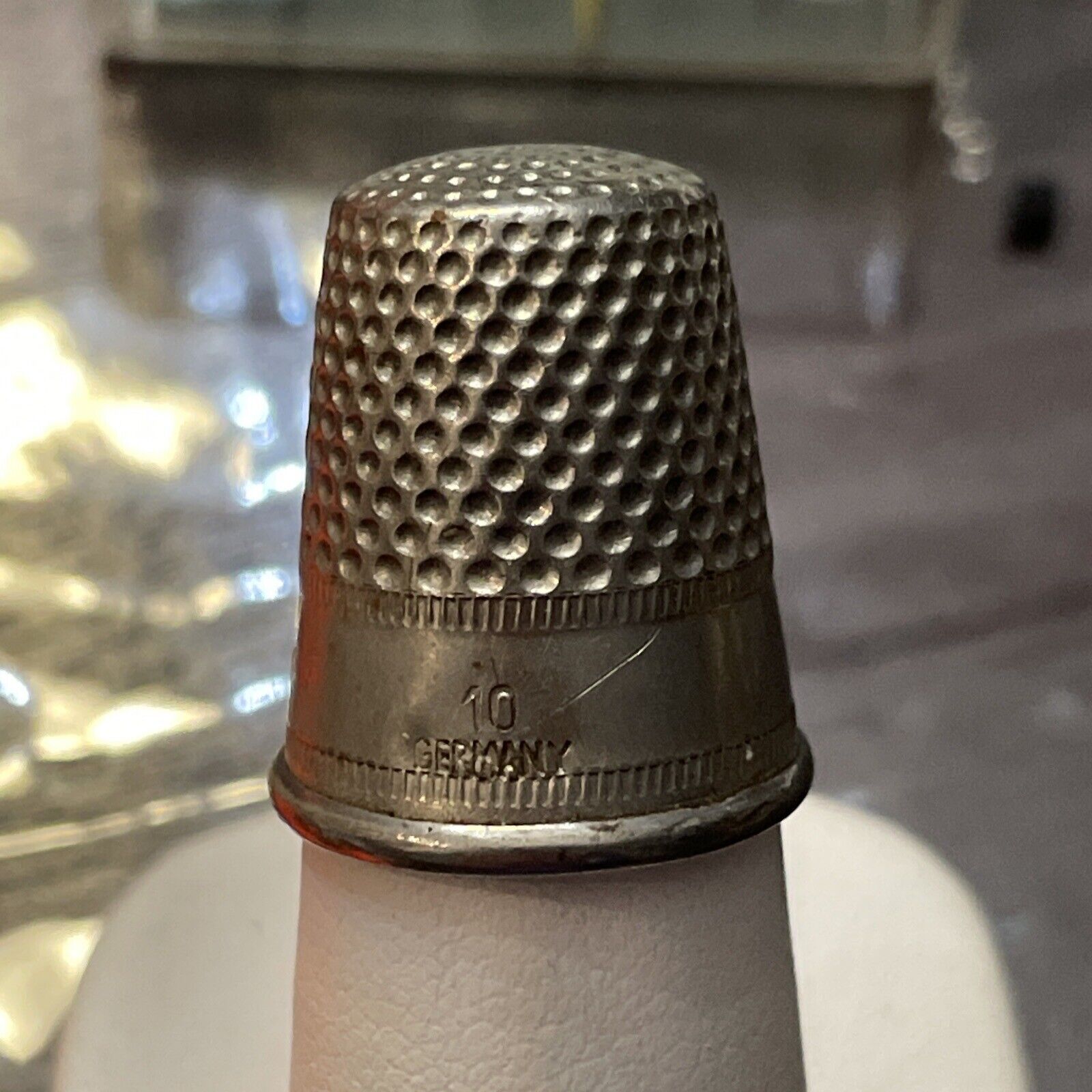 Vintage Silver Tone Size 10 Metal Dimpled Thimble Stamped Germany