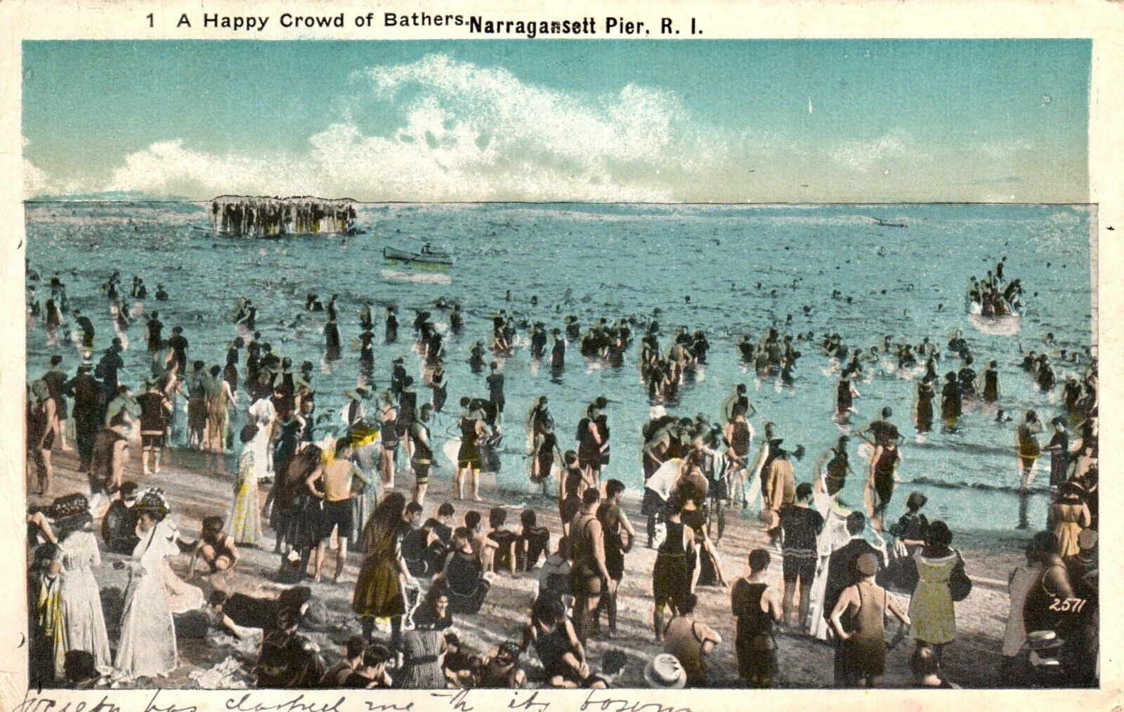 Postcard a happy crowd of bathers Narragansett Pier Rhode Island