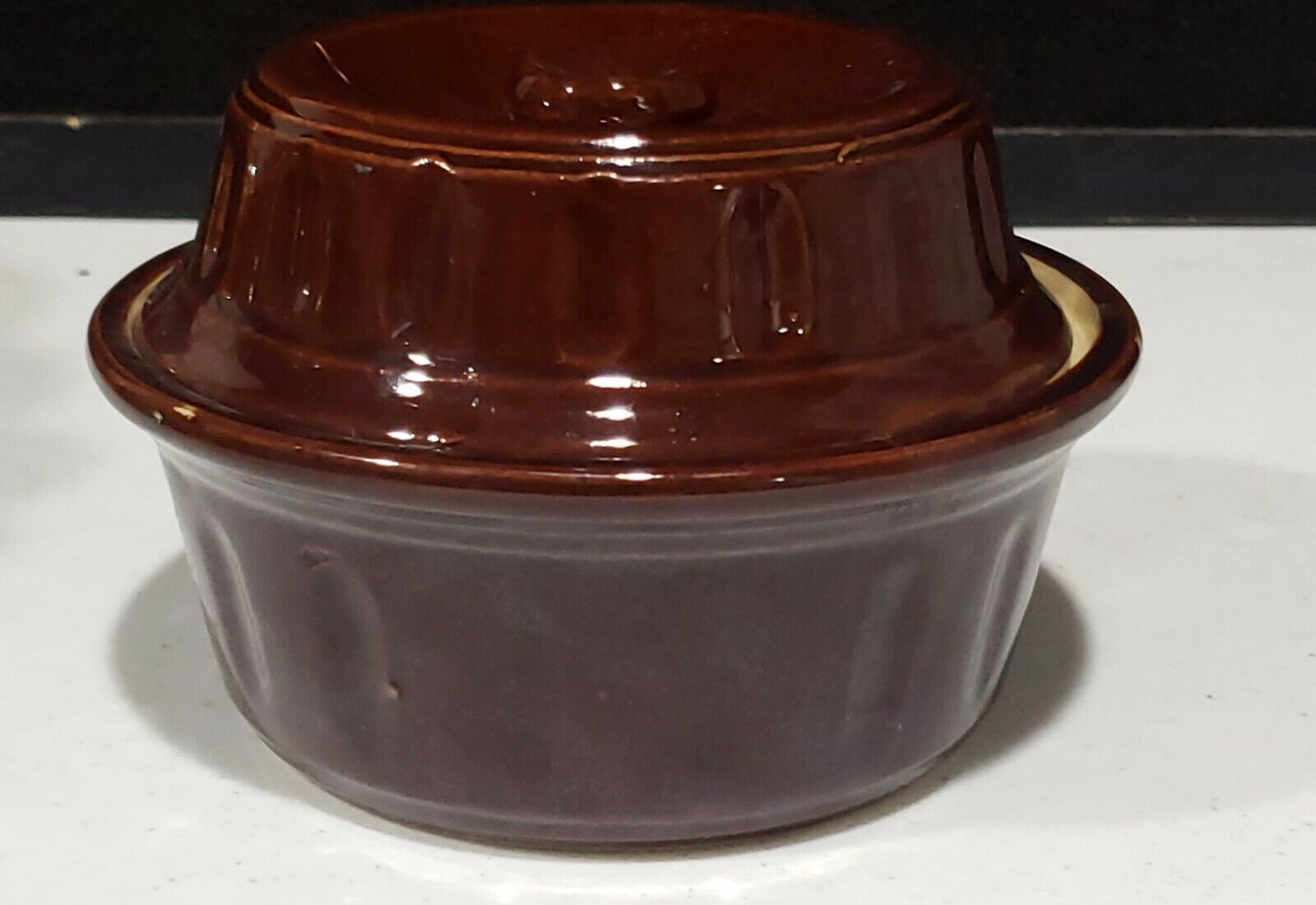 Vintage JAS Pottery Rare Brown MINIATURE Individual Covered Bean Pot Bowl