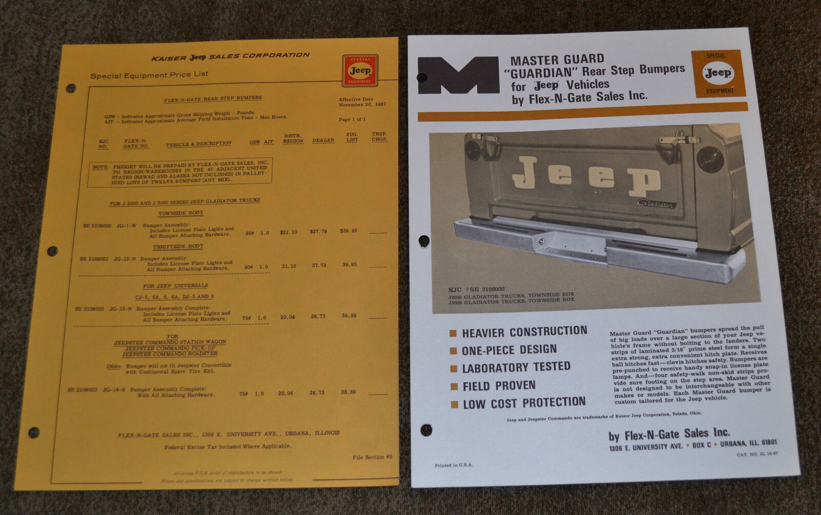 VTG 1967  Special Equipment Price List Kaiser Jeep Flex-N-Gate Rear Step Bumpers