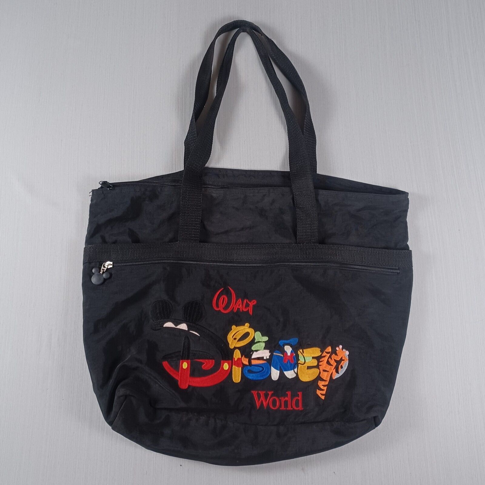 Walt Disney World Embroidered Characters Duffle Tote Gym Bag Nylon Black Vintage