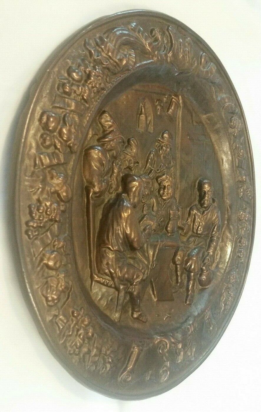 Antique Bronze Charger Plate with High Relief Scene 13.25
